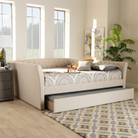 Baxton Studio CF9044-Beige-Daybed-Q/T Delora Modern and Contemporary Beige Fabric Upholstered Queen Size Daybed with Roll-Out Trundle Bed